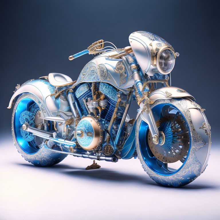 Detailed Blue and Gold Ornate Motorcycle on Light Background