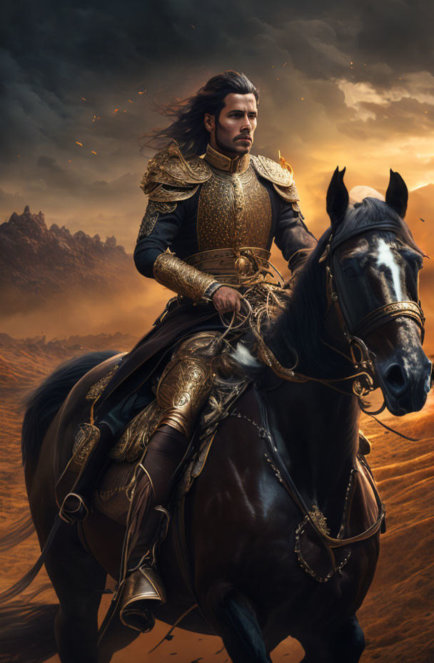 Warrior with long hair on black horse in golden armor amid fiery sky