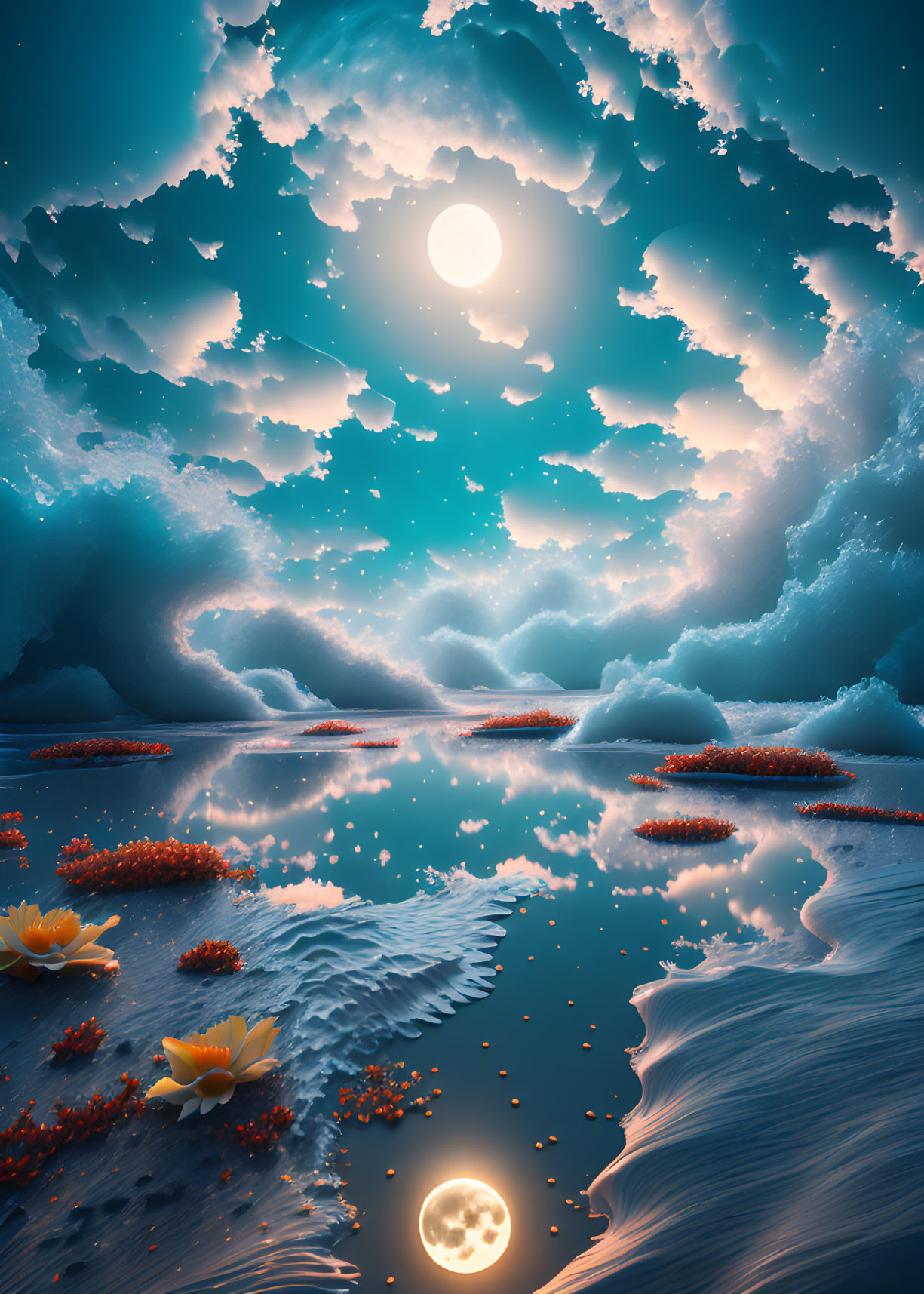 Surreal landscape with sunlit sky, cloud walls, and tranquil water scene.