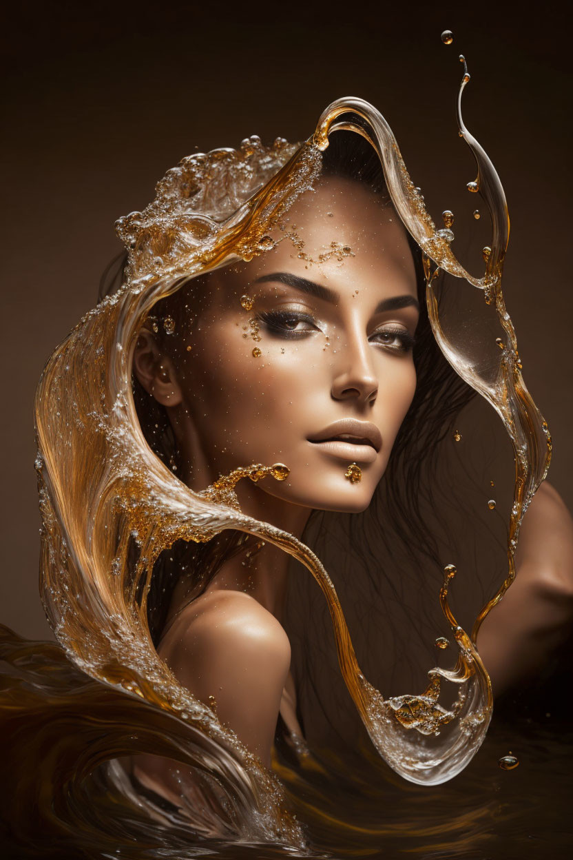 Elegant woman in dynamic liquid gold water splashes