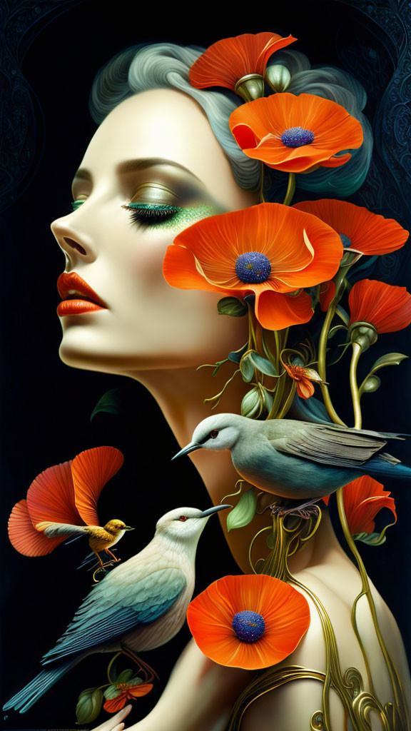 Illustrated woman's profile with red poppies and birds on dark ornate background