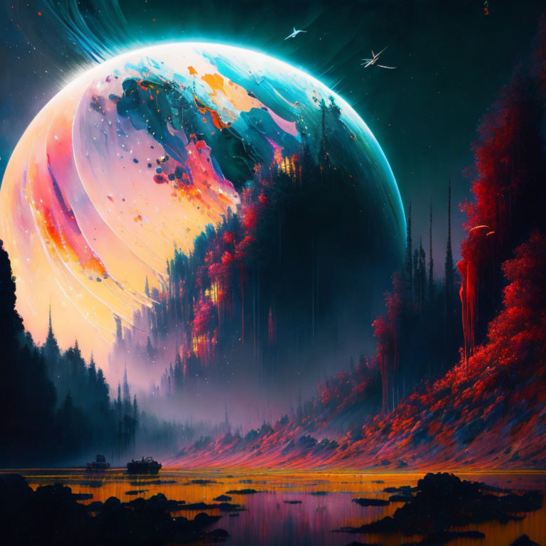 Colorful digital artwork: surreal landscape with giant planet, stars, and mystical red forest
