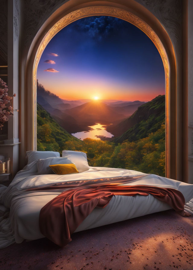 Luxurious Bedroom with Arched Window and Sunset View