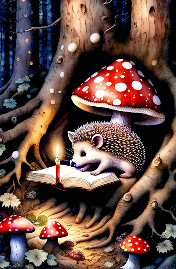 Hedgehog reading book under red-capped mushroom in whimsical forest