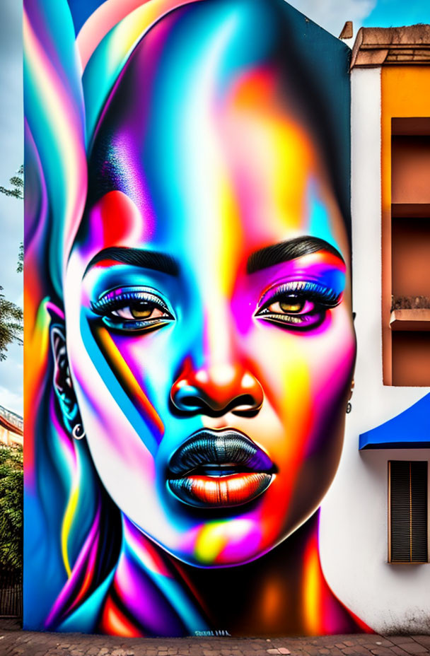 Colorful mural featuring woman's face on urban building wall