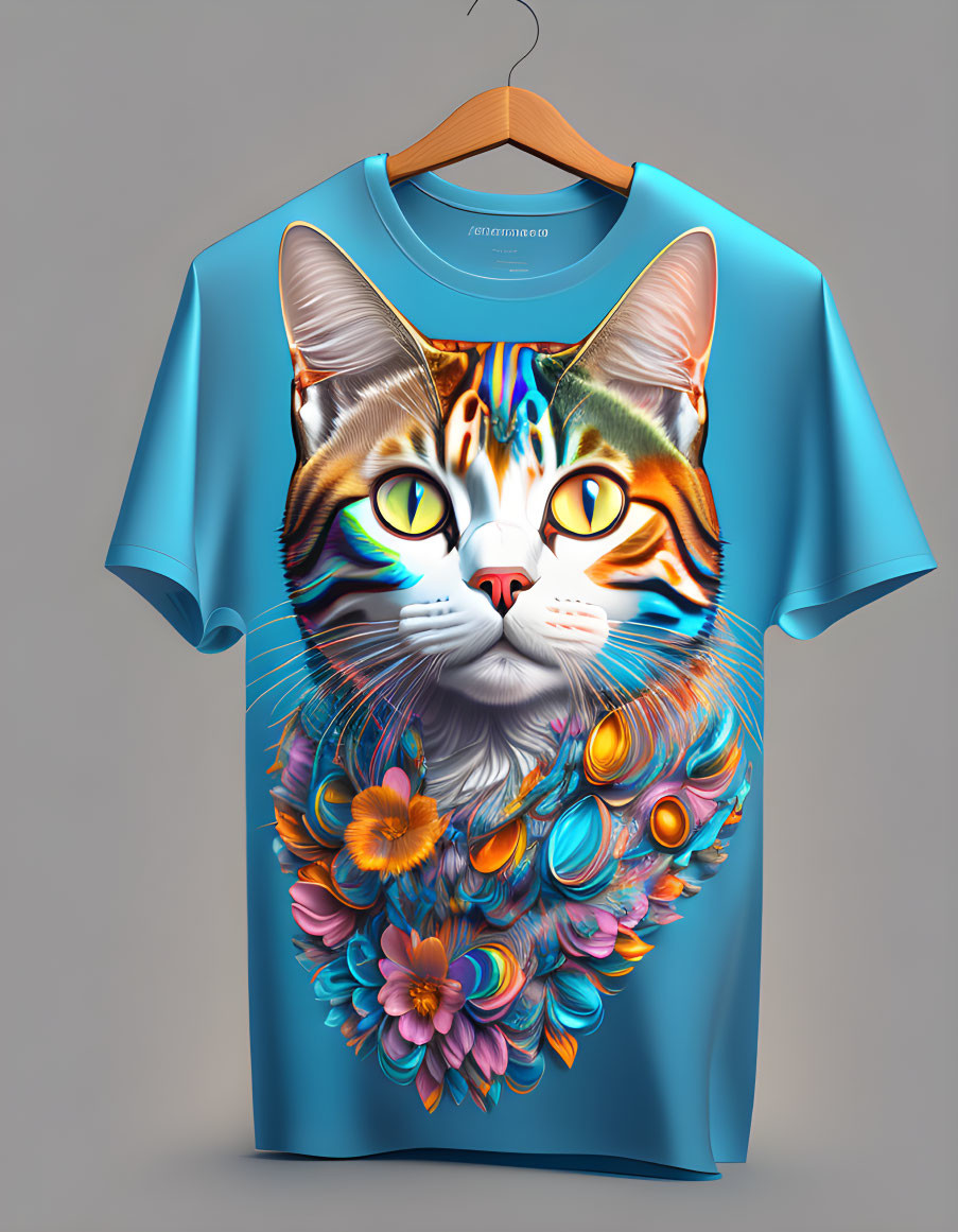 Colorful Cat Face Graphic T-Shirt on Hanger