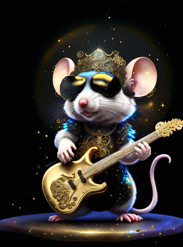 Cartoon mouse in sunglasses and crown playing golden guitar on black background