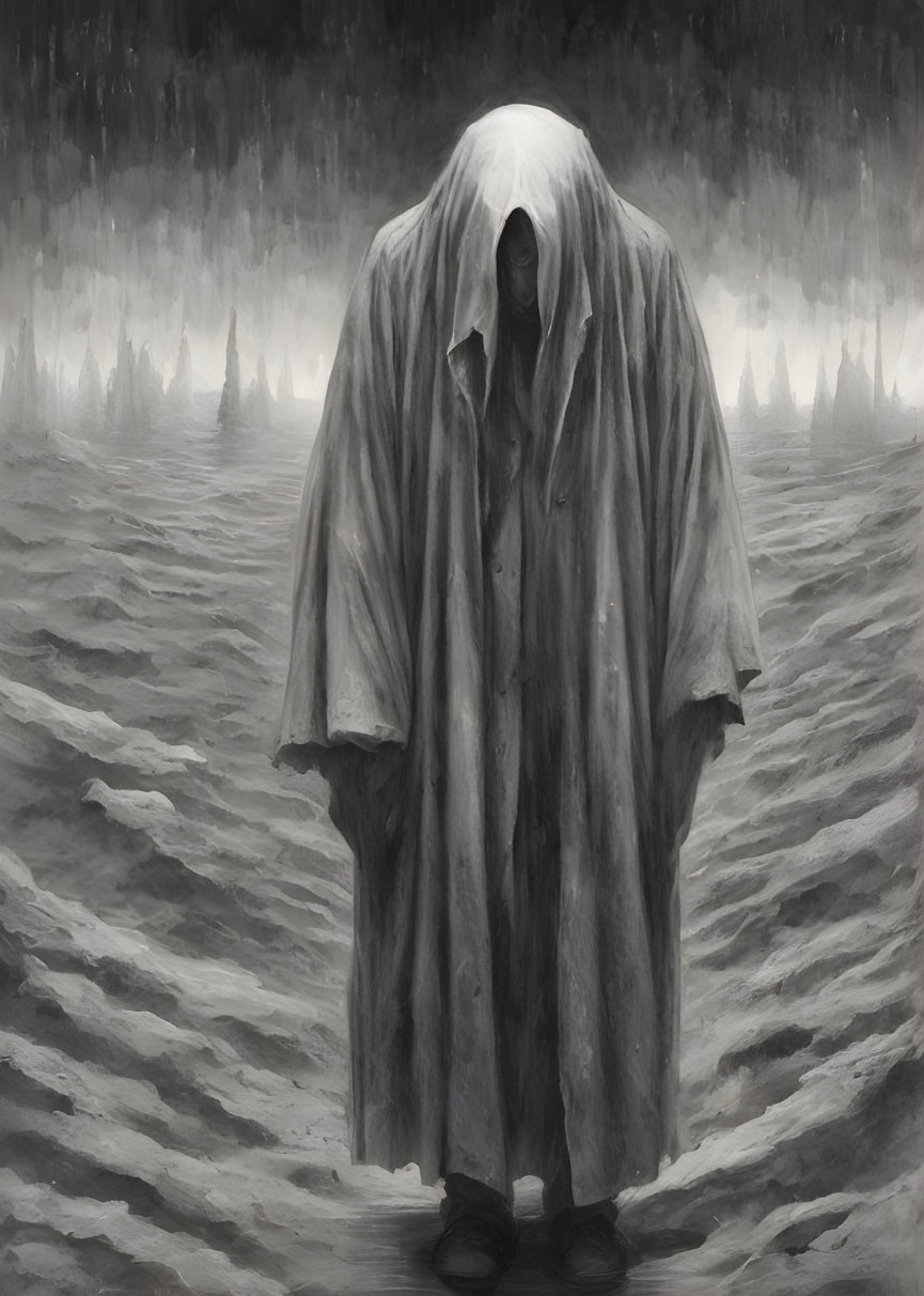 Monochromatic artwork of faceless figure in cloak in misty landscape