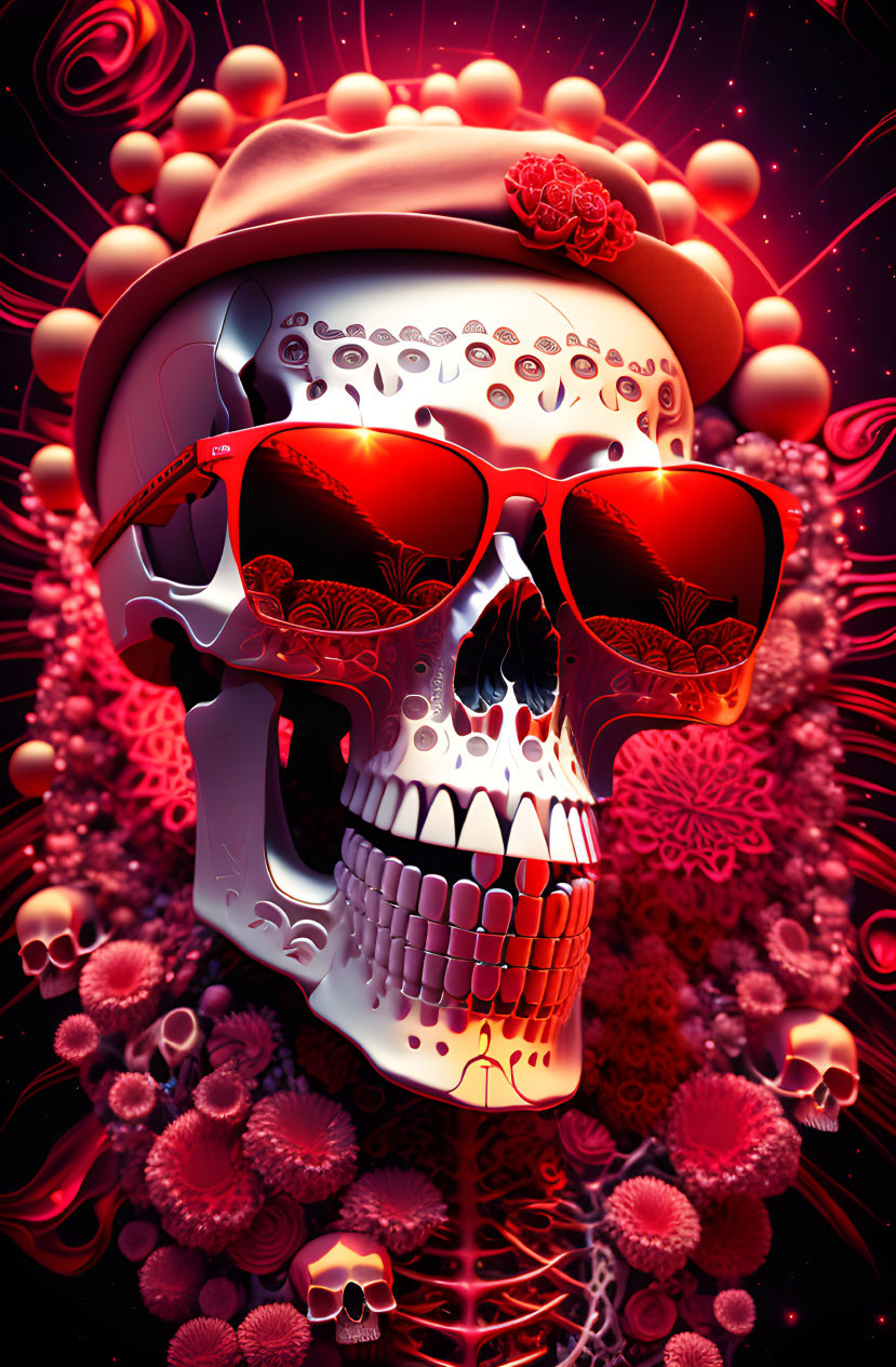 Colorful Skull with Sunglasses in Cosmic and Floral Digital Art