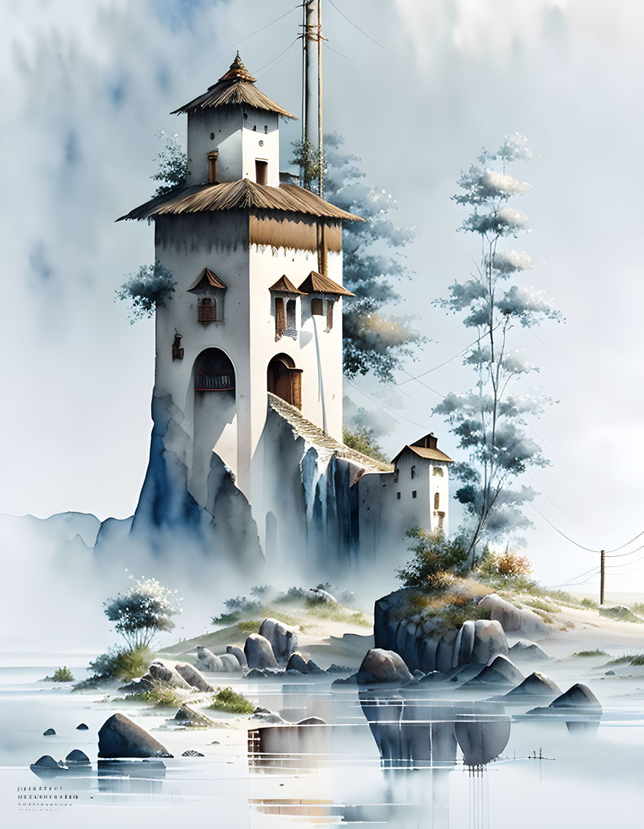 Fantasy tower on cliff with waterfalls, mist, pine trees, and serene water