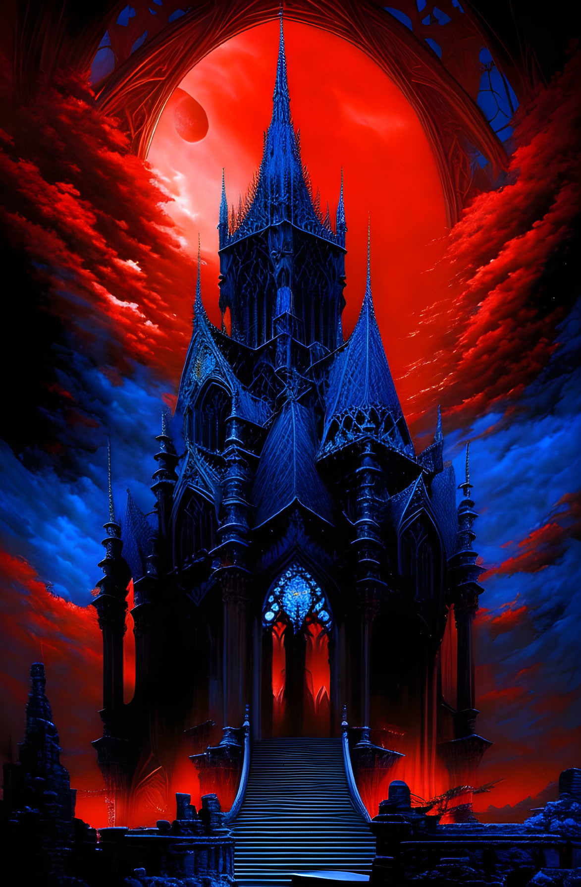 Dramatic gothic cathedral illustration with fiery red sky