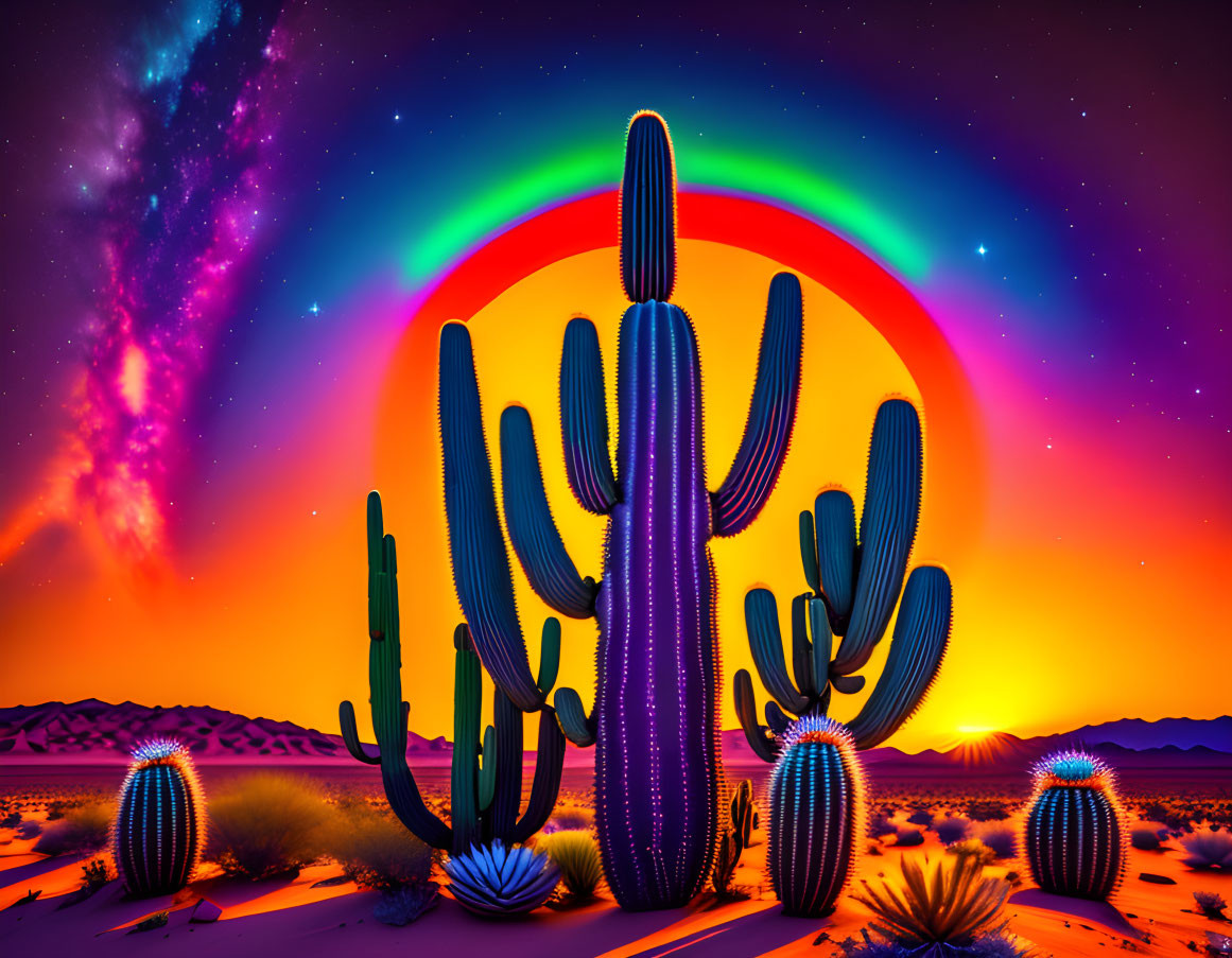 Colorful sunset desert landscape with silhouetted cacti, rainbow, starry sky,