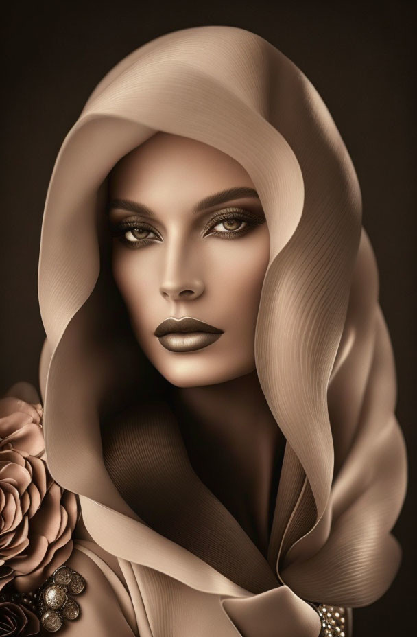 Sepia-Toned Portrait of Woman with Draped Headscarf and Striking Features