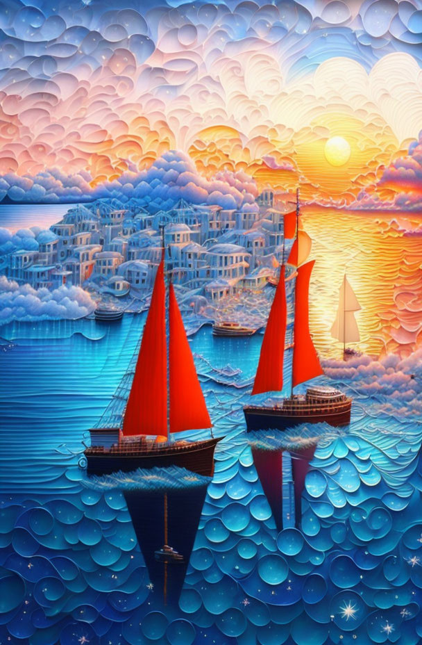 Colorful digital artwork: Sailboats with red sails on ocean near coastal town at sunset