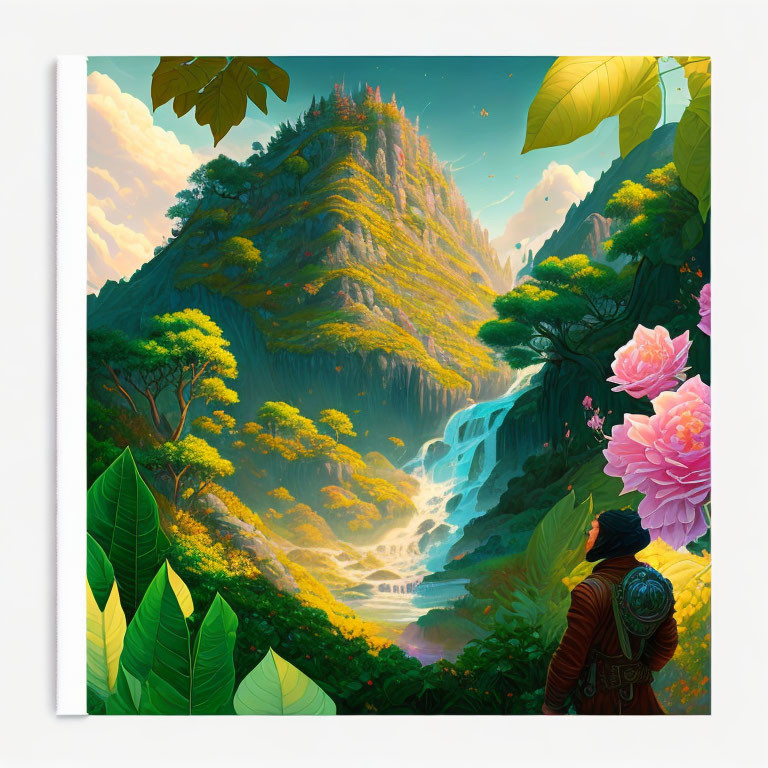 Colorful illustration: Person admiring waterfall mountain scenery