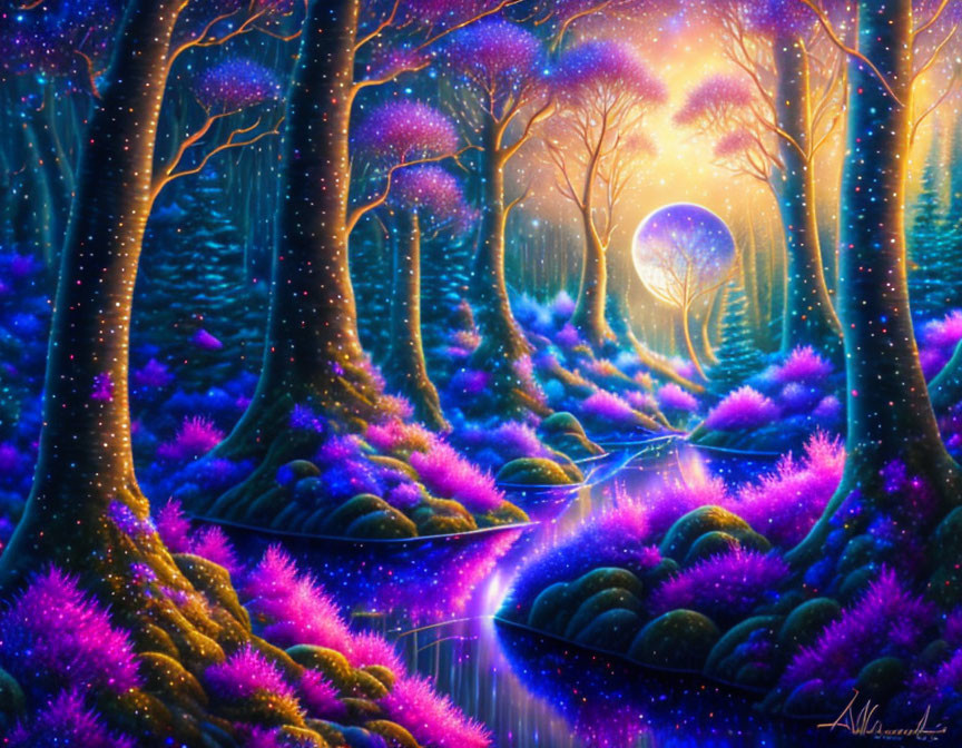 Glowing fantasy forest with neon grass and radiant moon