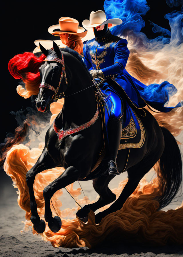 Digital artwork: Person in blue outfit & cowboy hat riding rearing horse with fiery mane & tail in