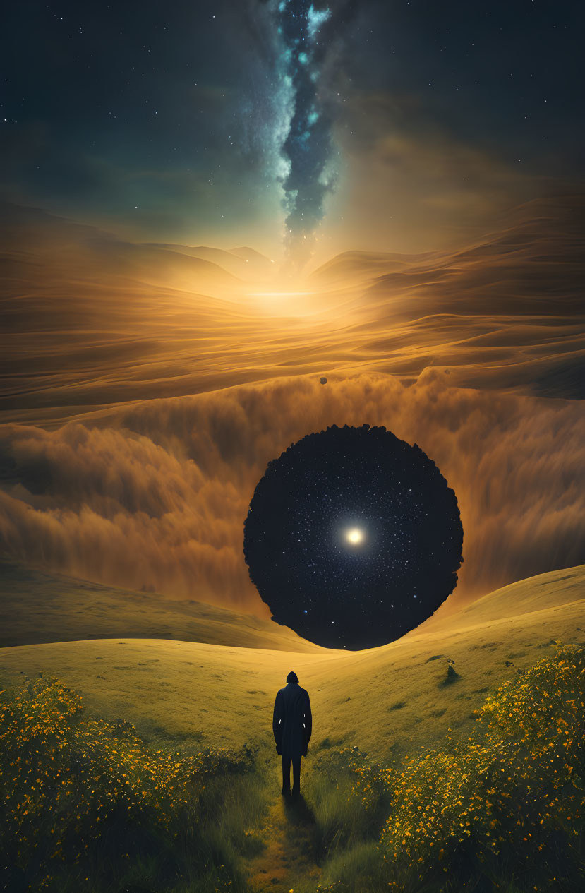 Lone figure in cosmic portal with starry night sky