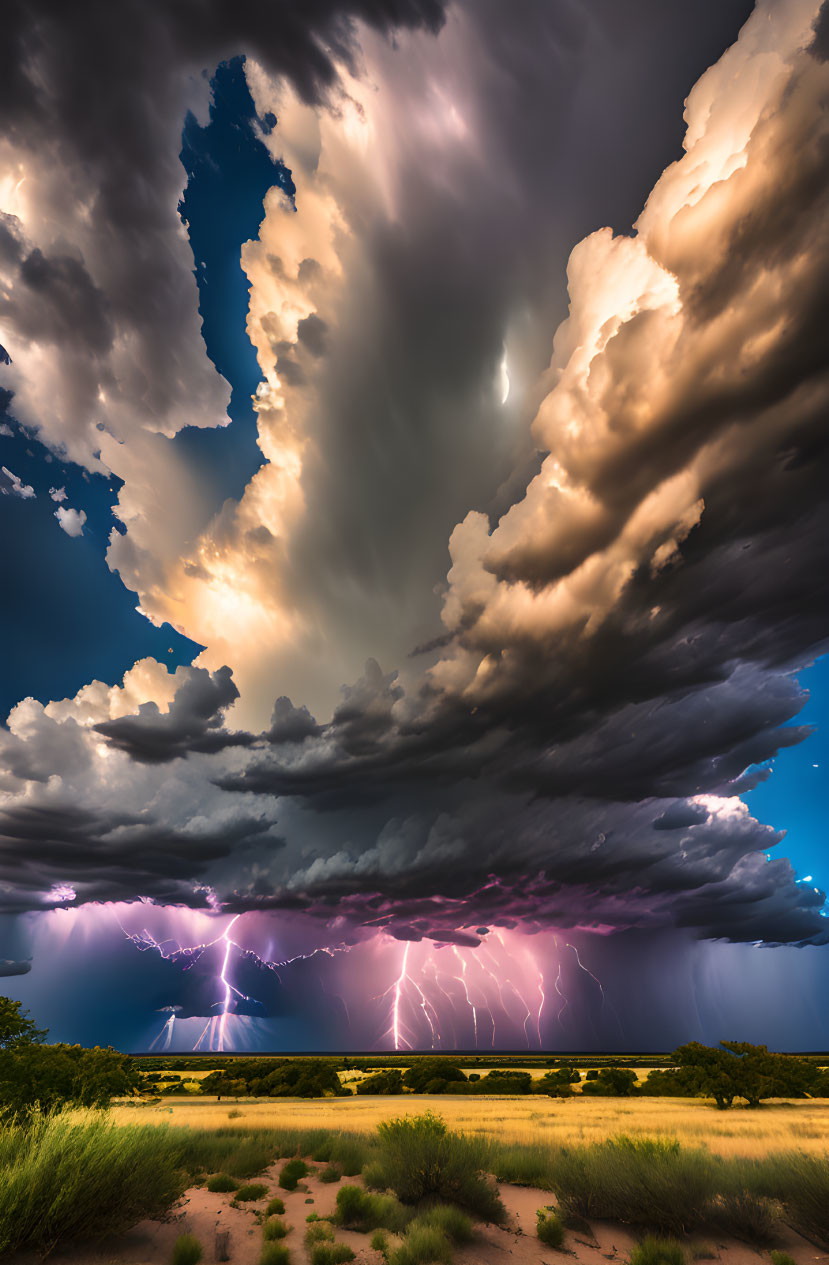 Dramatic thunderstorm with lightning strikes over tranquil desert landscape