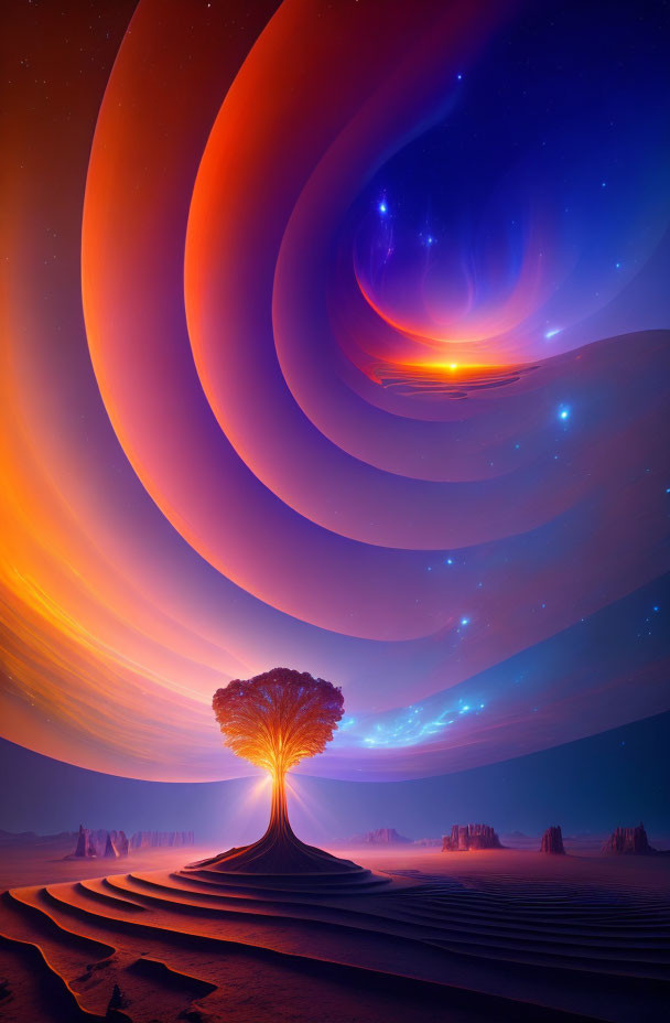 Surreal landscape with solitary tree under cosmic skies