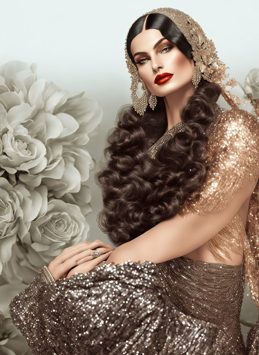 Woman with wavy hair in gold sequined dress and roses pose