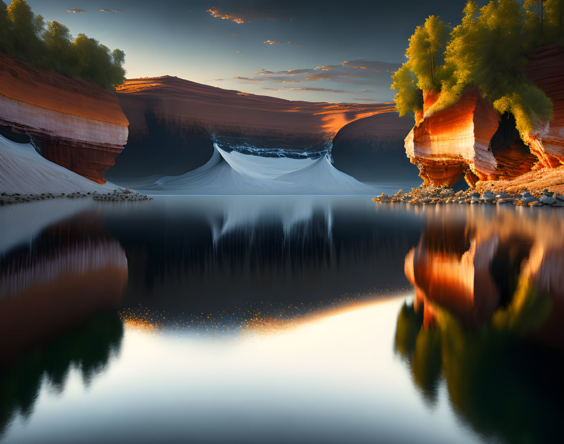 Tranquil sunset over reflective lake and red rock formations