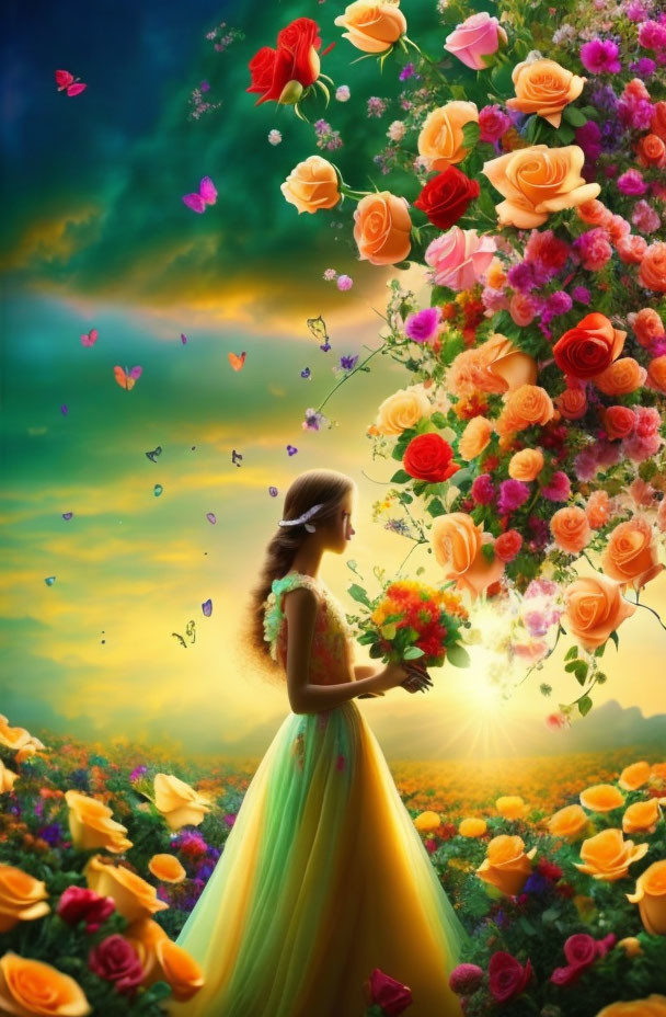 Woman in flowing gown admires vibrant bouquet in magical garden