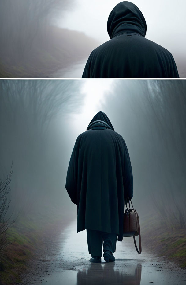 Figure in cape and hood with bag on misty tree-lined path