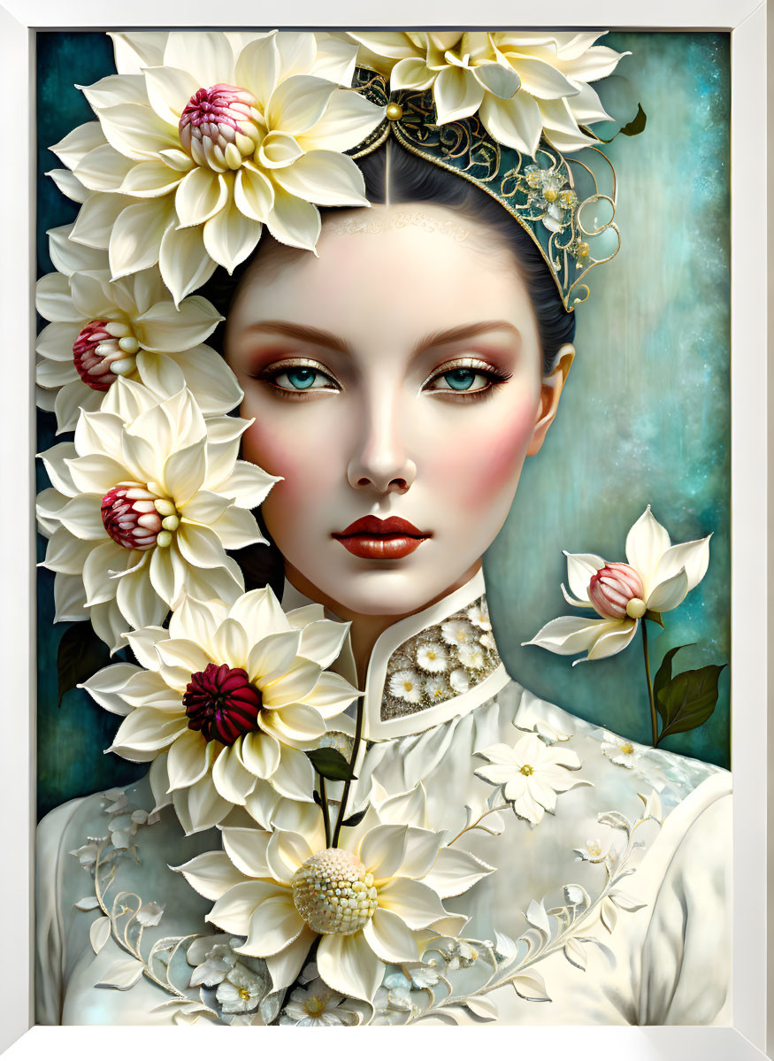 Surreal portrait of woman with white and burgundy flowers and golden crown on blue backdrop