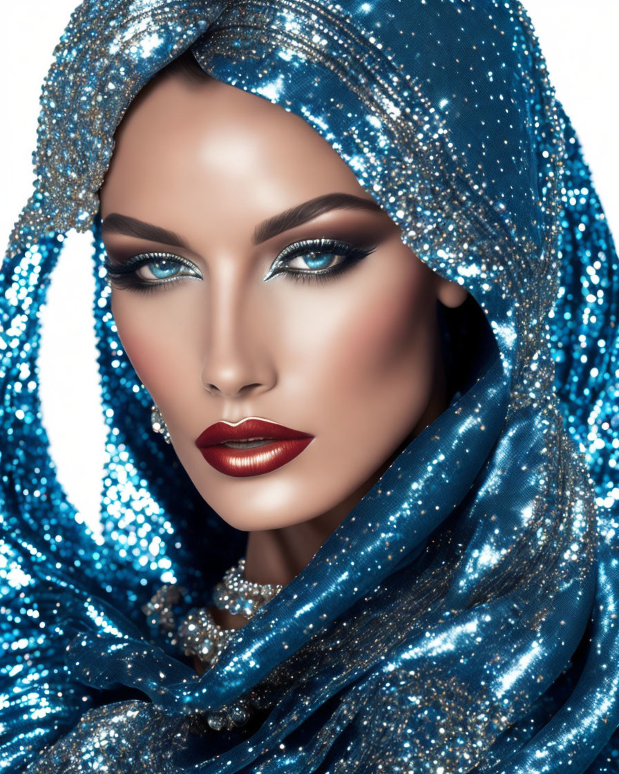 Woman with Striking Blue Eyes and Bold Makeup in Glittering Blue Headscarf