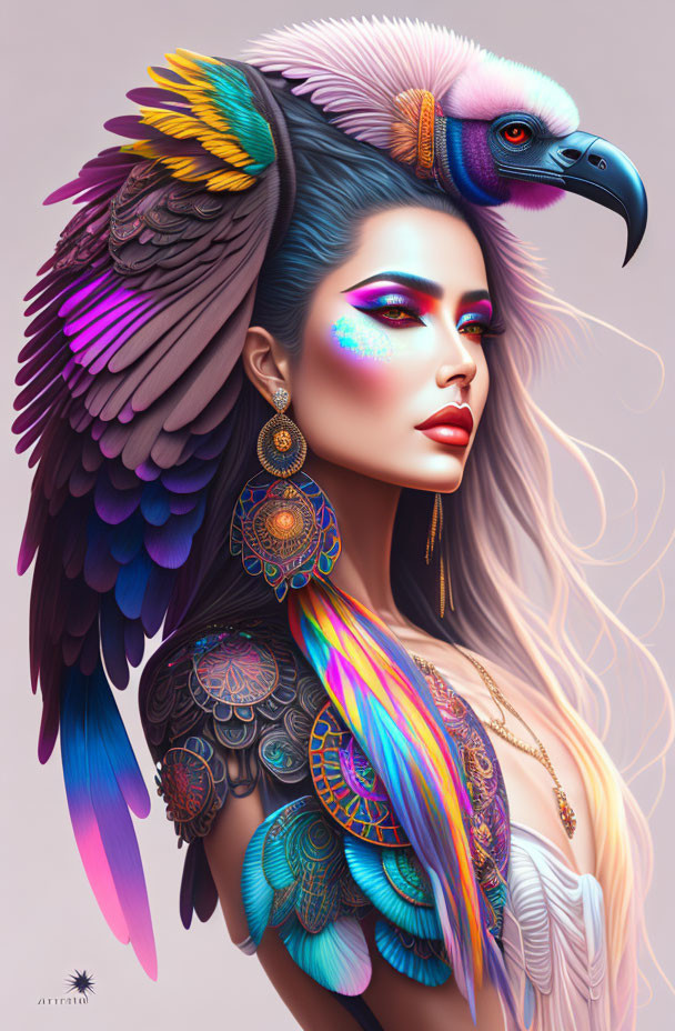 Colorful Avian-Inspired Woman's Face Illustration