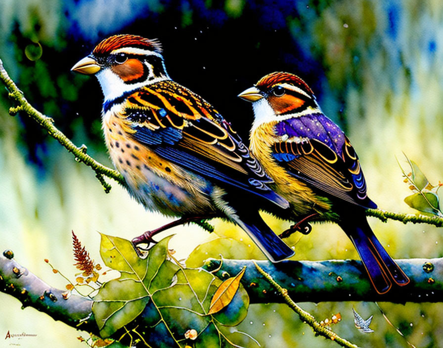 Colorful Sparrows Perched on Branch with Green Foliage