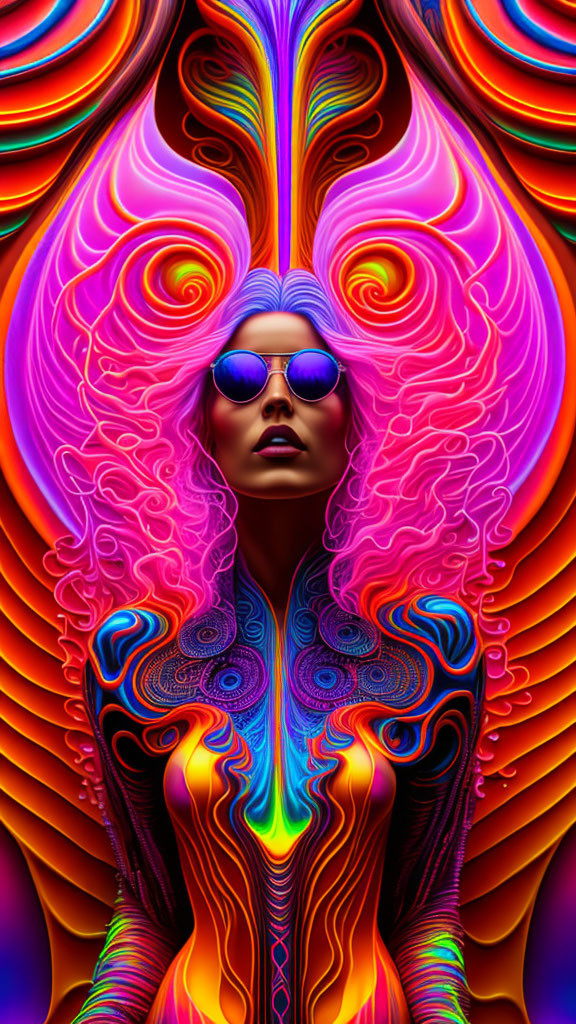 Colorful Psychedelic Digital Art: Female Figure with Swirling Patterns and Neon Background