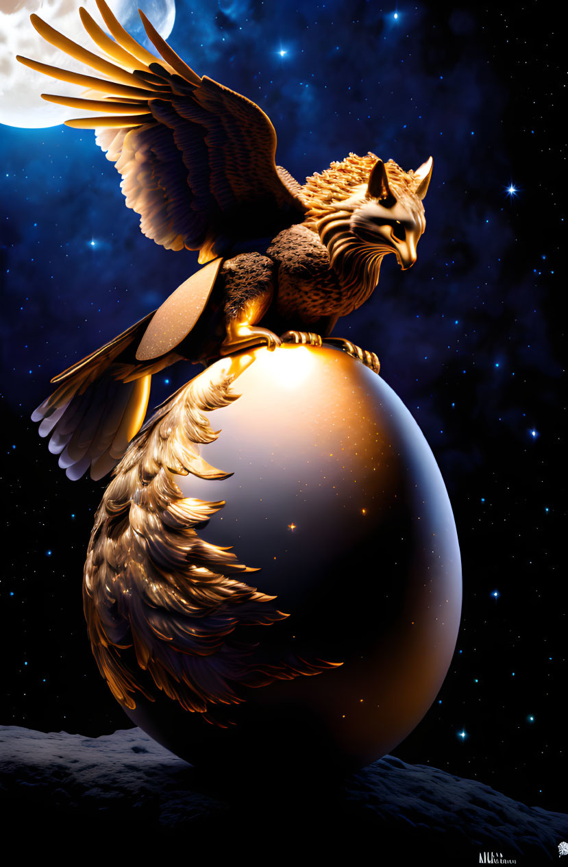 Golden-winged owl perched on glossy orb under moon and stars