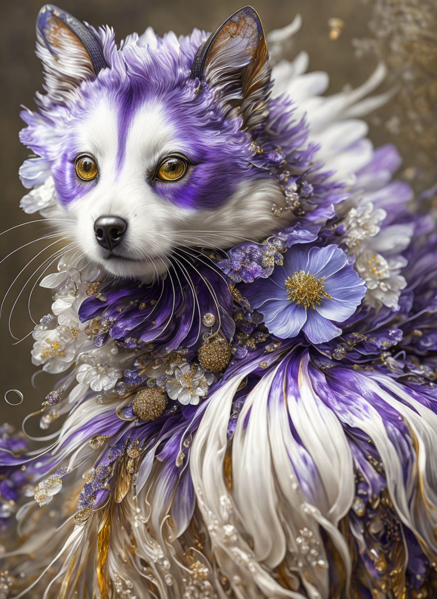 Purple and White Fur Dog with Flowers and Beads in Regal Fantasy Theme