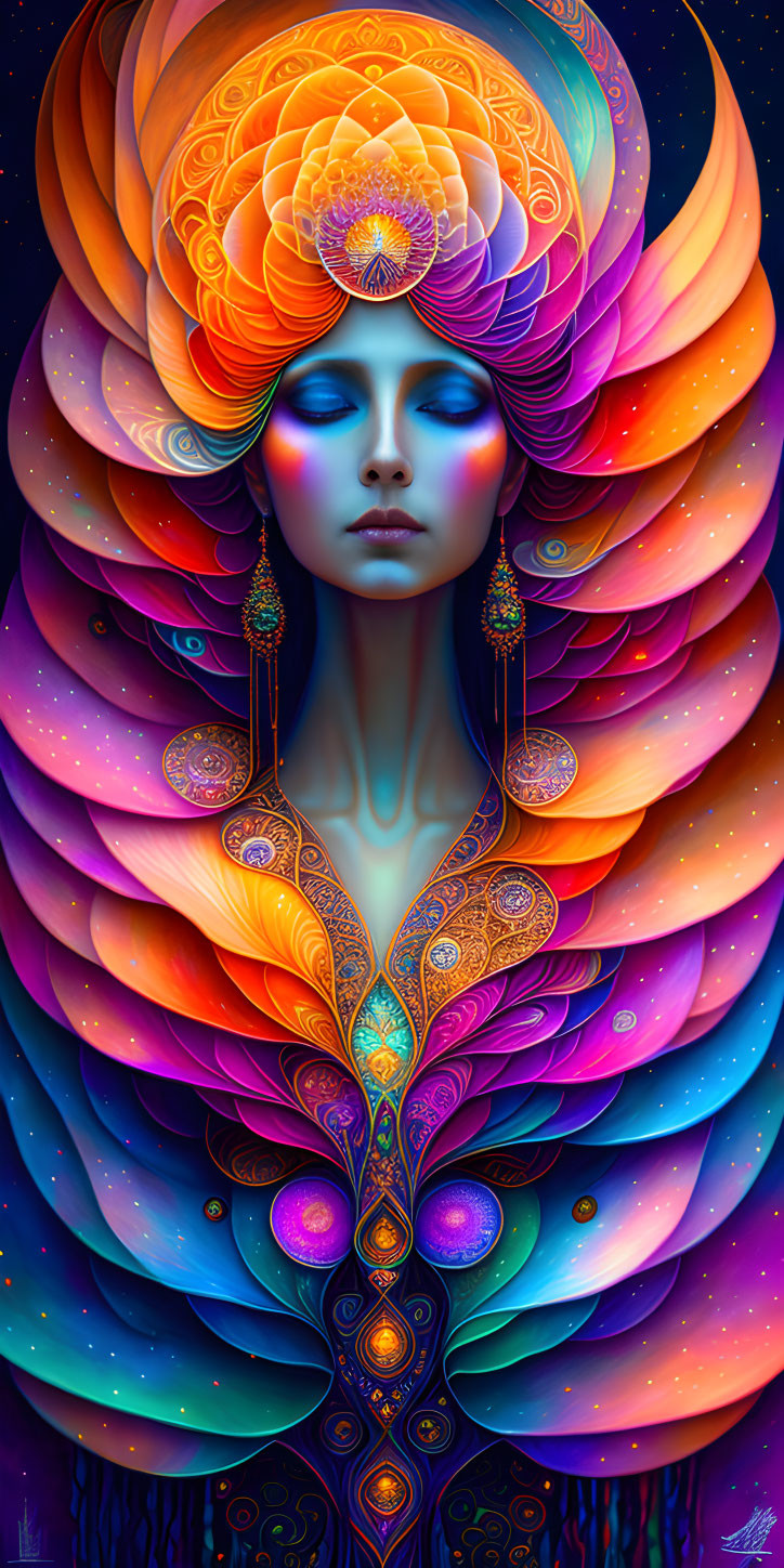 Colorful portrait of a woman with flowing hair and ornate patterns on cosmic background