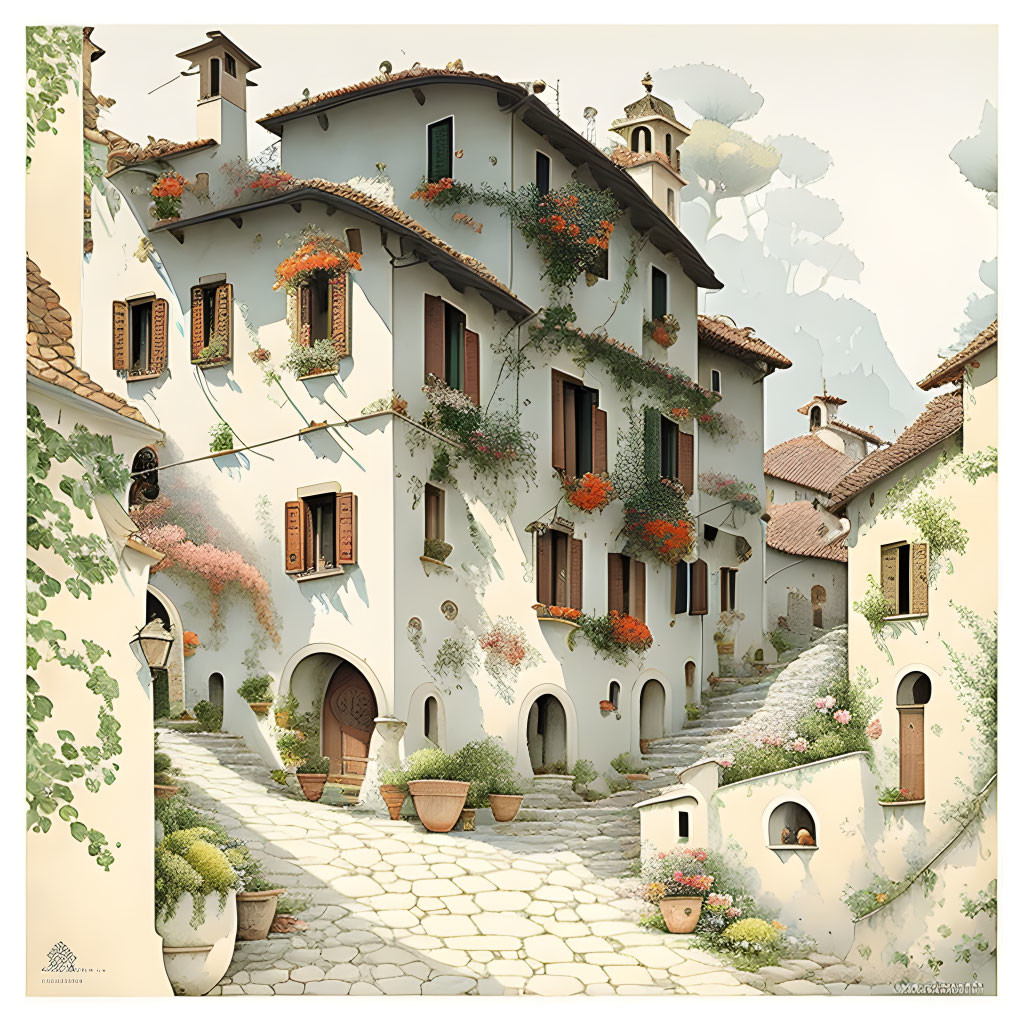 Illustration of Quaint Village with Cobblestone Paths and Flower-Adorned Houses