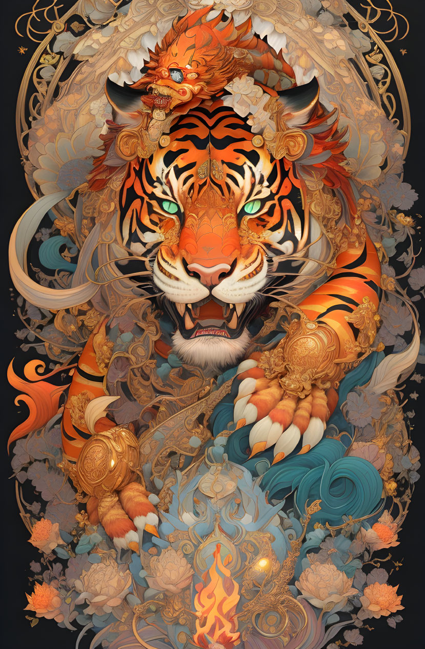 Ornate Tiger Illustration with Golden Armor and Floral Motifs