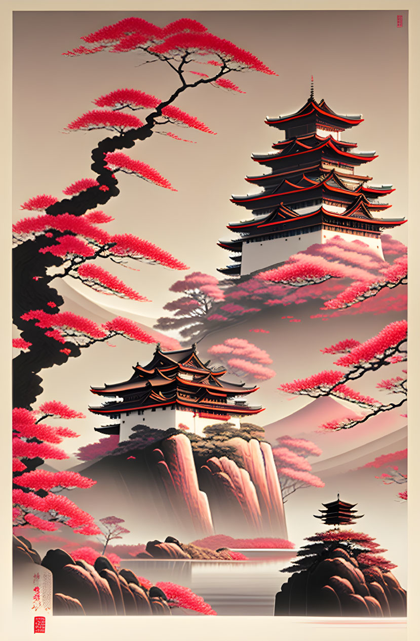 East Asian style painting: Pagodas, pink blossom trees, waterfall, calm river