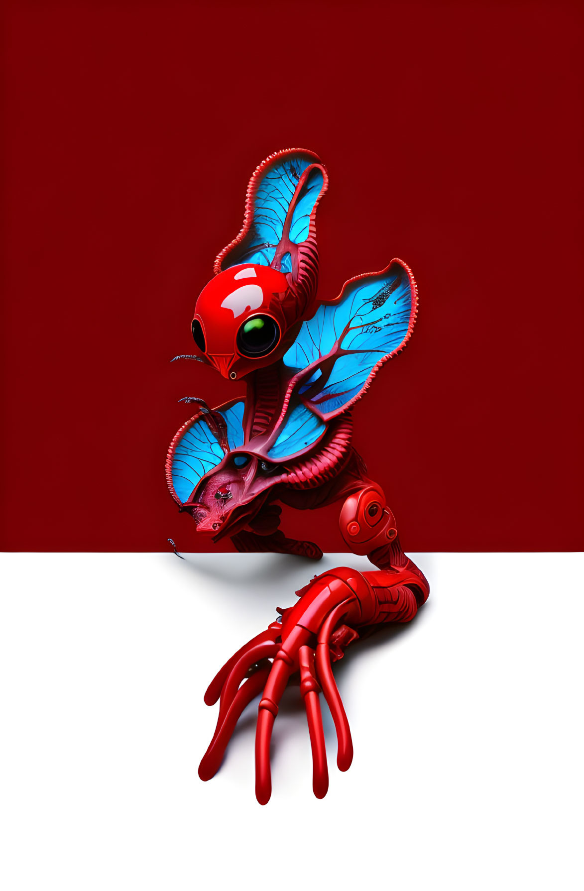 Vivid red and blue mechanical insect on red and white backdrop