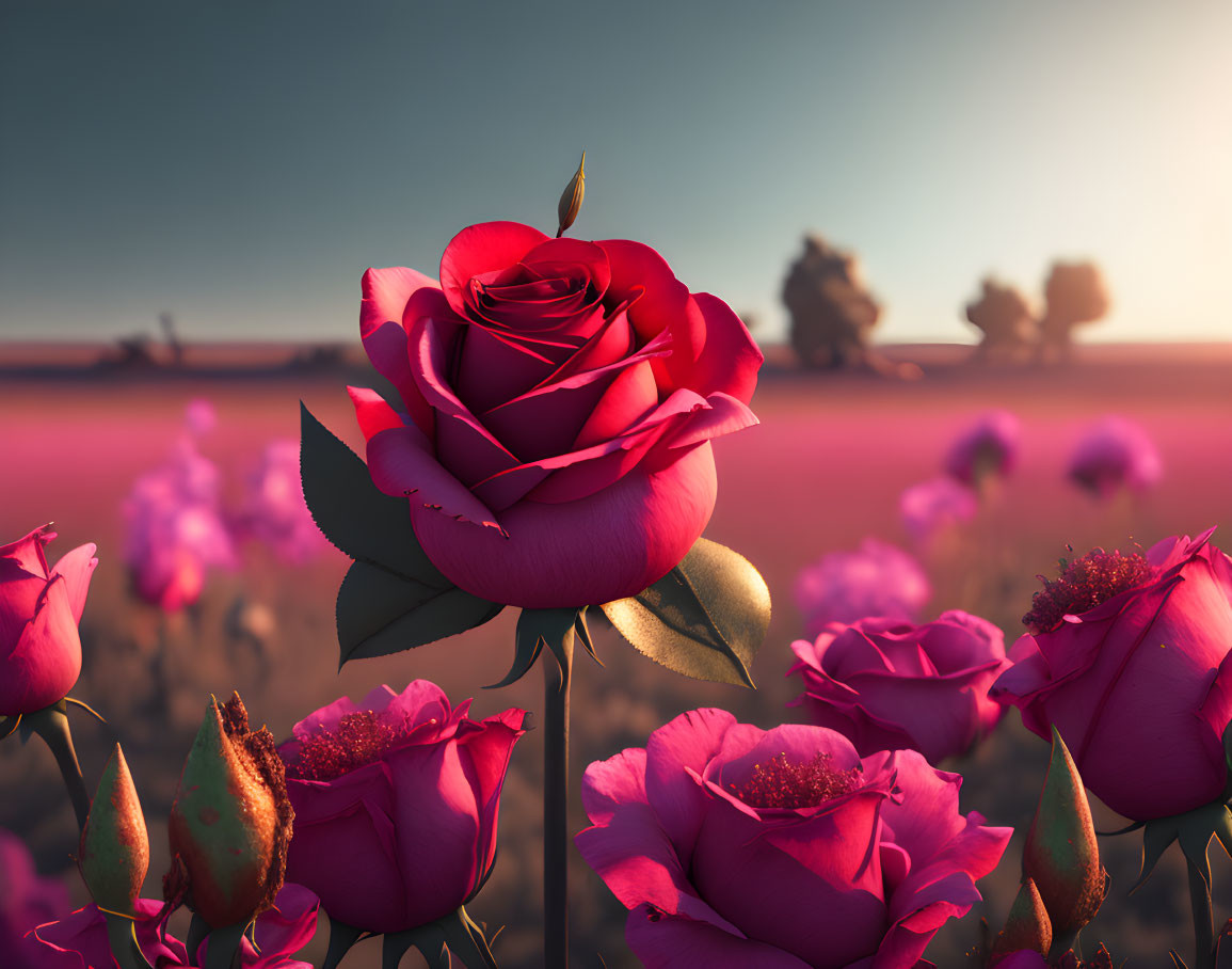 Red rose standing out in field of pink roses under warm sky