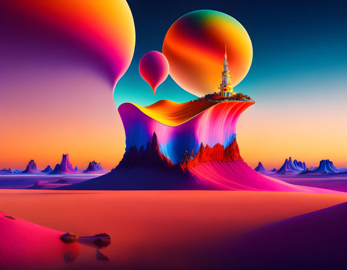 Surreal landscape with floating island, hot air balloons, tower, and colorful sky