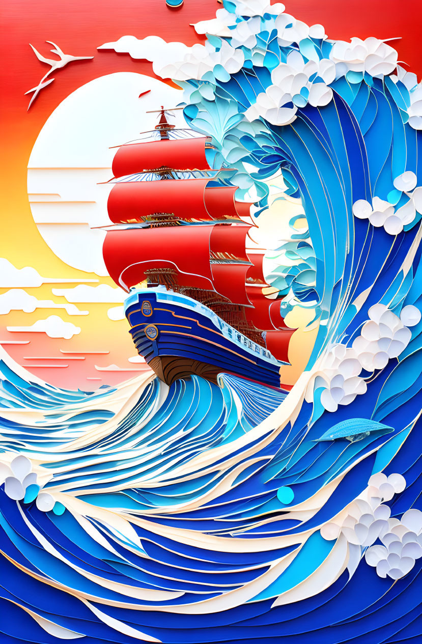 Colorful Paper Art: Red Ship on Blue Waves at Sunset