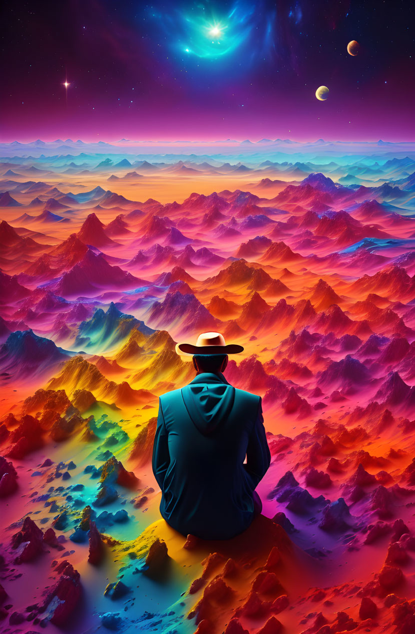 Person in hat gazes at surreal, colorful landscape under starry, planet-filled sky