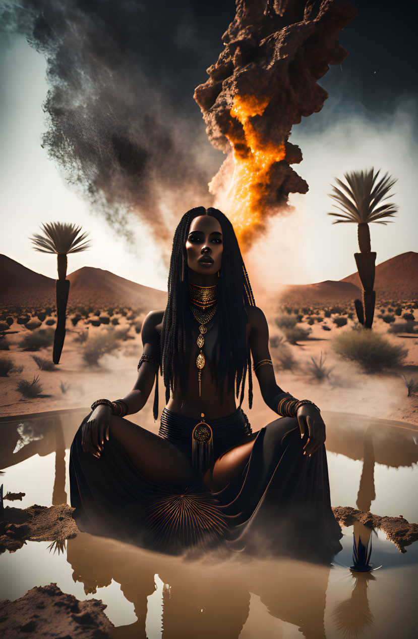 Woman meditating at desert oasis with fiery explosion and dark smoke in dramatic sky