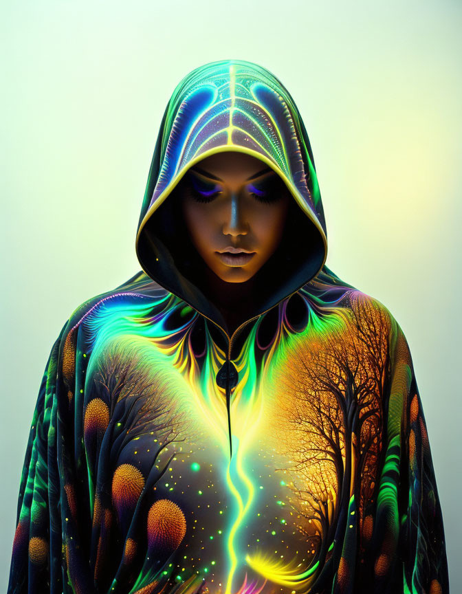 Hooded cloak with neon tree and cosmic patterns on gradient background