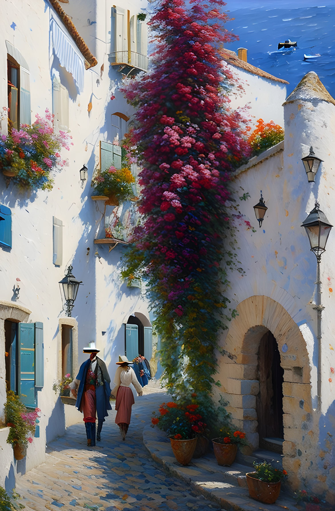 Scenic Mediterranean street with white buildings and bougainvillea.