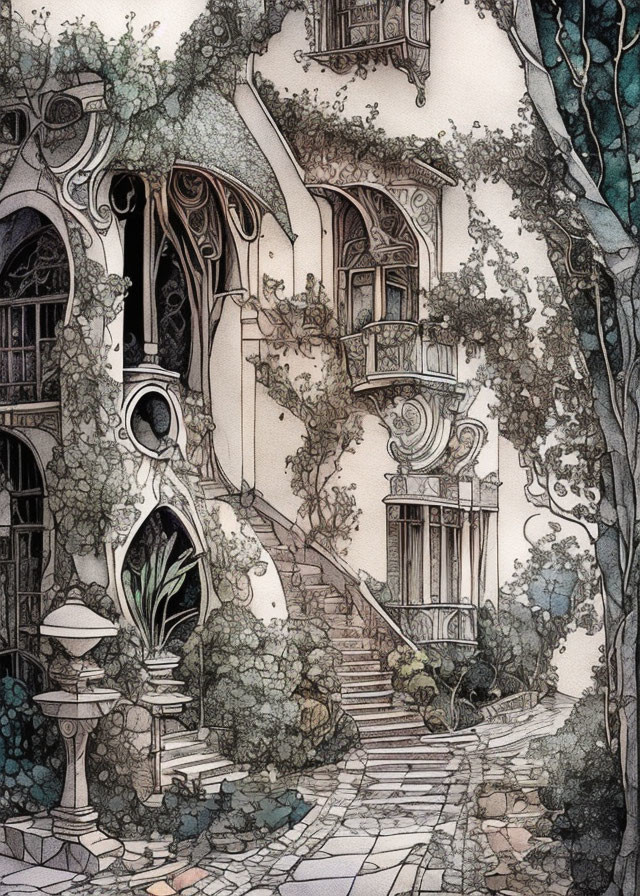 Detailed illustration of whimsical vine-engulfed building with ornate windows and spiral staircase in enchanting