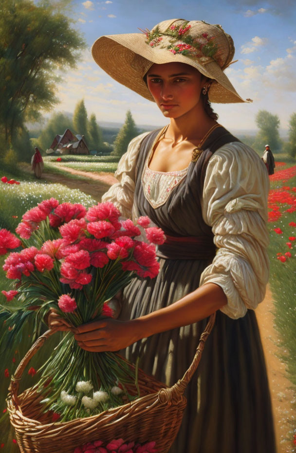 Woman in traditional dress with red flowers on sunny path