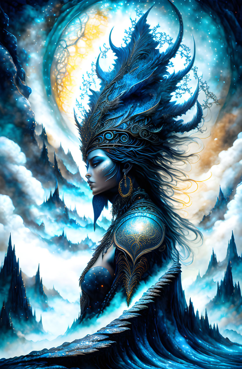 Ethereal female figure in ornate crown and armor against snowy mystical landscape